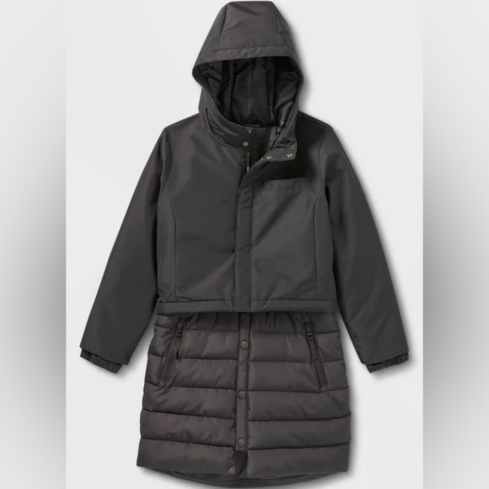 Girls' Solid Mid-Length 3-in-1 Jacket Convertible - All in Motion Black XL 14/16